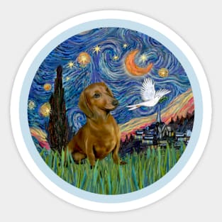 Starry Night (Van Gogh inspired) with a Brown/red Dachshund Sticker